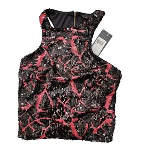 NWT Guess Red Black Sequined Sequins Sparkle Cropped Crop Racerback Tank Top XS